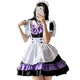[BETEAM] メイド 服 コスプレ ショート丈 パープル 豪華 5点 セット かわいい メイド エプロン メイドコスチューム ロング 仮装 コンカフェ パーティー 大人 男女兼用 L