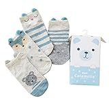 HORARA 子供 ソックス キッズ 靴下 綿100％ スニーカーソックス かわいい 動物柄 吸湿速乾 抗菌 防臭加工(ブルークマ柄 4足 セット、M(3～5歳))