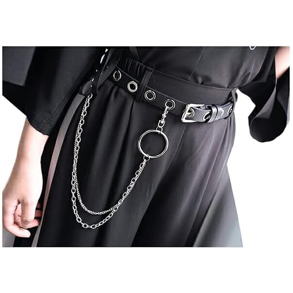 Amazon | [RomelCheo] チェーン付き メタルリング ベルト 2連 鎖 装飾