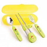 練習箸　キッズ用　トレーニング箸　子供用品　3点セット　右手用　ケース付き　箸、スプーン、フォーク　 (グリーン)