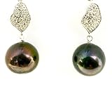 Freshwater cultured 14-15mm high luster black round pearl earrings hung on very nice artisan sterlin