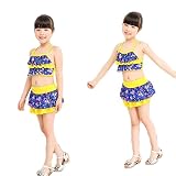キッズ 女の子 女の子水着 タンキニ水着 セパレート水着 キッズ 小花柄 フリル 上下セット 全3色 (フリー, ブルー×イエロー)