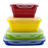 4つのシリコン食品貯蔵容器セット、シリコン折りたたみ式ランチベントボックス - BPAフリー、電子レンジ、食器洗い機、フリーザーセーフ。