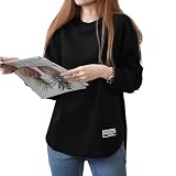 [MOWO] tシャツ レディース 長袖 【最高の肌触り・初秋に丁度いい厚さ・ヴィンテージstyle】 トップス カットソー 体型カバー ロンティー クルーネック tシャツ ロングスリーブ 綿 保温性 着痩せ おしゃれ 重ね着 型崩れしにい 大きいサイズ (ブラック)