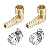 uxcell 真鍮ホースバーブ継手 エルボ 8mm x G1/4オスねじ 直角パイプコネクタ ステンレスホースクランプ付き 2パック