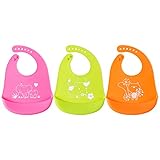 Sasairy ３色セット　防水スタイ シリコン　ベビービフ　大きいポケット付き　お食事用　ソフトスタイ 赤ちゃんエプロン 5段階 サイズ調整可能　キッズよだれかけ 動物柄 清潔易い　持ち運び 食事用