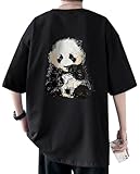 [Bligo] メンズ tシャツ 夏 丸首 綿100% 半袖 無地 パンダ柄 プリント 心地肌触り シンプル カジュアル かっこいい 大きいサイズ ゆったり 薄手 ドロップショルダー 吸汗速乾 おしゃれ 普段着 Black-2XL