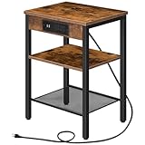 HOOBRO 充電ステーションとUSBポート付き エンドテーブル 3段ナイトスタンド 調節可能な棚付き 小さなサイドテーブル リビングルーム 寝室 バルコニーの小さなスペースに 素朴なブラウン BF112BZ01