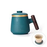 ティーカップ 茶飲み茶漉し付き　ティーメーカー　茶ポット　セラミック　陶器　茶器　おしゃれ　400ｍｌ　贈呈品　ギフト (青い)