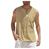 [Teevaseoan] エスニック タンクトップ メンズ レースアップ ノースリーブ 夏 綿麻 吸汗速乾 袖なし シャツ Vネック インナーシャツ 通気 tシャツ ゆったり 薄手 レトロ カジュアル ヘンリーネック ロンt リネン おしゃれ お出かけ(0708B-カーキ/XL)
