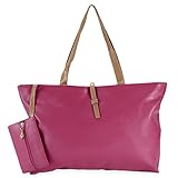 mioim トートバッグ レディース ハンドバッグ PUレザー 柔らかめ 折りたたみ 大容量 軽量 防水 撥水 コイン入れ 財布 2点セット (ホットピンク)