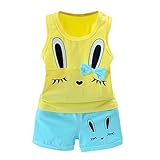 Lucaso 子供服 女の子 二点セット トップス ショートパンツ付き ウサギプリント ベスト リボン付き ノースリーブ ゆったり きれいめ おしゃれ 可愛い カジュアル シンプル 普段着 遊園地 (
