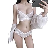 [sanctrifolium] ブラジャー ショーツセット 総レース セクシー シースルー ランジェリー 花柄 おしゃれ 下着 脇高 (ホワイト, A75)