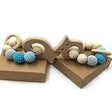 Kissteether 2pcs かぎ針編みビーズ手ぬぐいセット未処理のブナテザー、オーガニックウッド付き フクロウ 魚 のおもちゃウッドブレスレットベビーママキッズウッドテーゼバングル (木の色 1