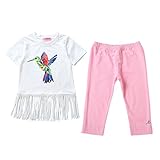 DBL S&M 女の子 Tシャツ+綿のパンツ フサの飾り 2点セット セットアップ ガールス 小鳥柄 タッセル 子供服 (150, ホワイト)