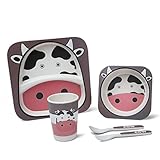 PUQU ベビー食器 子供用食器セット 天然竹の子供食器 子供食器セット ベビー竹食器セット 安全な竹の繊維 エコ竹繊維製品 (かわいい牛)