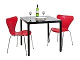 2人用 10mm厚　強化ガラスダイニングテーブル(ブラック）+セブンチェア（レッド）2脚付き　3点セット 75x75cm
