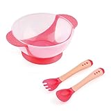 ベビー食器セット　吸盤付きのボウル　温度センサー付きのカトラリー　割れないボウル　ひっくり返されにくい　やけど防止　華やかな色　 (ピンク)