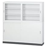 ≪セット商品≫ 【HCB-TD1760SET】 キャビネット 書庫 収納 完成品 深型 ガラス引戸書庫+スチール引戸書庫+ベース+上下連結金具 戸棚 書棚 【オフィス家具市場オリジナル:日本製】 W1760×D515×H1850 ホワイトグ