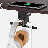 ALACOO ゲーミングヘッドホンスタンド 充電ステーション付き - アルミフックヘッドホンホルダー デスク下ヘッドセットスタンド USB&ACコンセント3個 サージプロテクター&ケーブルオーガナイザー 女の子/男性へのギフトに