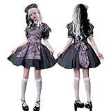 [Formemory] ハロウィン コスプレ メイド ゴシック風 ワンピース エプロン カチューシャ付き 可愛い ゴスロリ 恐怖 衣装 ゴースト ホラー メイド服 仮装 クリスマス イベント コスチュームセット (大人用, XL)