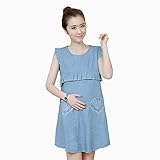 マタニティ ワンピース 産前 産後 対応 妊婦服 授乳服 春 夏 ワンピース デニム オシャレ ゆったり 授乳口付き マタニティ ポケット 2色入 (M, ライトブルー)