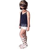 Domybest子供服　女の子　セットアップ キッズ服　キッズTシャツ 　トップス+デニムショートパンツ　上下 2点セット 　赤ちゃん　キッズ　レースハーネス　ガールズ　カジュアル　お出かけ　普段着 