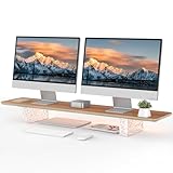 Fenge モニター台 卓上 デスクシェルフ モニタースタンド 机上台 無垢材製 テープライト付き パソコン台 机上ラック 108cm横幅木製天板 ガラス製レンガ脚 デスクトップ用 机上 机上台 pcモニター台 パソコンラック 卓上収納 整理整頓 (ブラウン)