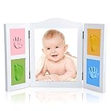 XUTONG ベビーフレーム　手形足形フレーム　木製フレーム　見開き三面タイプ　　出産お祝い　プレゼントとして最適　ベビー記念品　DIYフレーム　無毒で安全　四色粘土