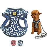 JOYFUSION ハーネス 犬 唐草模様の犬用ハーネス・リードセット、福字入り胸当て式で、抜けないハーネス構造採用、小型犬～大型犬対応の犬 胴輪 ブルー L(4.5-6.5kg)