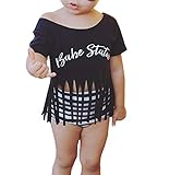 英語のパターン フリンジ 半袖Tシャツ トップ ショーツ 女の子 赤ちゃん 上下2セット ガーデンカラー カジュアルトップ 遊ぶ ギフト 結婚式 6-24ヶ月 2-4歳 (3-4歳, ブラック)