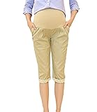 【MINI MAM】 綿素材 七分丈 パンツ レディース マタニティ 妊婦 ママ M L 黒 肌色 紺色 水色 大きいサイズ 夏 秋 フォーマル (L, ベージュ)