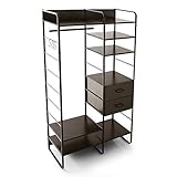 ハンガーラック ラック ロング丈も掛けられる 引き出し2杯付き 可動棚 収納ラック スチールフレーム S字フック付き 幅93cm ブラック/ウォルナット