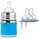 Pura Kiki Stainless Steel Infant Bottle with Silicone Sleeve Plus 2 Slow Flow Nipples 5 Ounce Aqua [