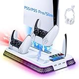 Mcbazel PS5 Pro/PS5 Slim対応 冷却ファンスタンド デュアルコントローラー充電ステーション RGBライト搭載＆ヘッドセットフック付き ディスク版/デジタル版両対応 冷却ファン内蔵 スタンド-ホワイト