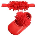 EOZY ベビーシューズ ファーストシューズ フォーマル シューズ ヘアバンド 2点セット 女児 女の子 フラワー 出産祝い 撮影記念 結婚式 可愛い 赤ちゃん用 5 レッド