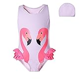 Pettigirl 子供用水泳帽付き2点水着 フラミンゴ水着 ガールズ水着 スイミング 水泳キャップ キッズ水着 女児水着2点セット 140cm