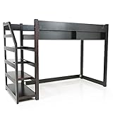 ロフトベッド コンセント 本棚 ディスプレイラック 階段付 天然木パイン材 セミダブル ダークブラウン