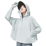 [YUMISS] 【1枚6役】 ラッシュガード レディース パーカー uvカット 長袖 UPF50+ 【遮光遮熱つば付き・手の甲まで日焼け防止】 冷感 紫外線対策 吸汗速乾 顔隠し 体型カバー フード付き オーバーウェア 水着 おしゃれ (JP, アルファベット, L, スカイグレー)