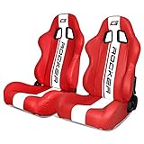 IKON MOTORSPORTS ユニバーサルレーシングシートペア デュアルスライダー付き レッド PUレザー ホワイトストライプ リクライニング 左運転席側+右助手席側