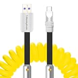 chubbycable Colorblock Chubby - スプリング編組シリコン充電ケーブル コイル状USB Cケーブル 高速充電タイプC充電コード 車用 ブルー+ピンク Type-C to Type-C、2.29フィート-3.6フィート