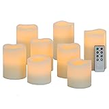 Variety Set of 8 Melted Top Flameless Cream Wax Pillar Candles with Warm White LEDs, 8 Function Remo