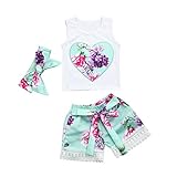 Dourabbi 子供服 ベビー ドレス dress for baby 3本 幼児 女の子 花 セット トップス ショーツ ヘッドバンド 服 pretty cute daily (100, ホワイト)