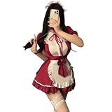 [YAISHN] メイド服 セクシー コスプレ ブラック レッド 赤 フリル 蝶結ぶ ハロウィン 仮装 ワンピース 蝶結ぶ 過激 誘惑 可愛い レディース エプロン 4点セット (レッド, L)