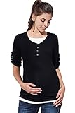 Sweet Mommy オーガニックコットン100％ しなやかフィット 重ね着風 ロング丈 ヘンリーネック 9分袖 サイドギャザー 着痩せ 授乳Ｔシャツ 授乳服 マタニティ／M／ブラック