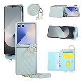 TEDTIKJT Galaxy Z Flip7 5G ケース PUレザー ギャラクシーZ Flip7 5G ケース 手帳型 Galaxy Z Flip7 5G 携帯カバー SC-55F 携帯ケース背面カバー ショルダーストラップ 収納ポケット手帳型 フィンガーループ付きの保護ケース スタンド機能 スマホケース galaxy Z Flip7 5G 6.9インチ対応 - ブルー