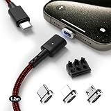 SUNTAIHO マグネット 充電ケーブル USB-C式 3A急速充-電USB充電 磁気ケーブル【1.2M/1本セット/3個磁気端子/】データ転送にも対応 USBマグネット充電コード USB Type-C、MicroUSB、US-B Type-L 磁石 防塵 着脱式 For i0S Android US-B Magnetic Charging Cable LED付き- 赤黒色 - SYCX-003