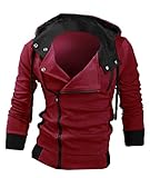 【Smile LaLa】 メンズ パーカー フード ポケット 付き アウター 長袖 重ね着 風 シンプル 無地 カジュアル ジップ アップ (ワインレッド, XL)