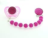 Pacifier Clip, Hot Pink Crystal and Bumpy Pearls Pacifier Holder (D8) By Crystal Dream by Crystal Dr