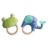 赤ちゃんの木製リングのおもちゃ[緑のカエルとブルーエレファント] 2個セット